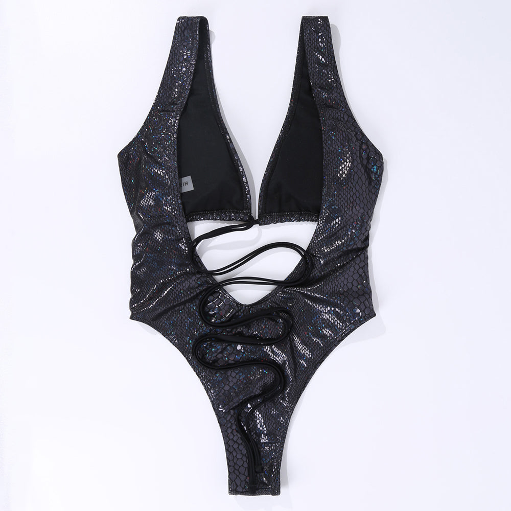 Maximized Snake Print Deep V Neck Monokini