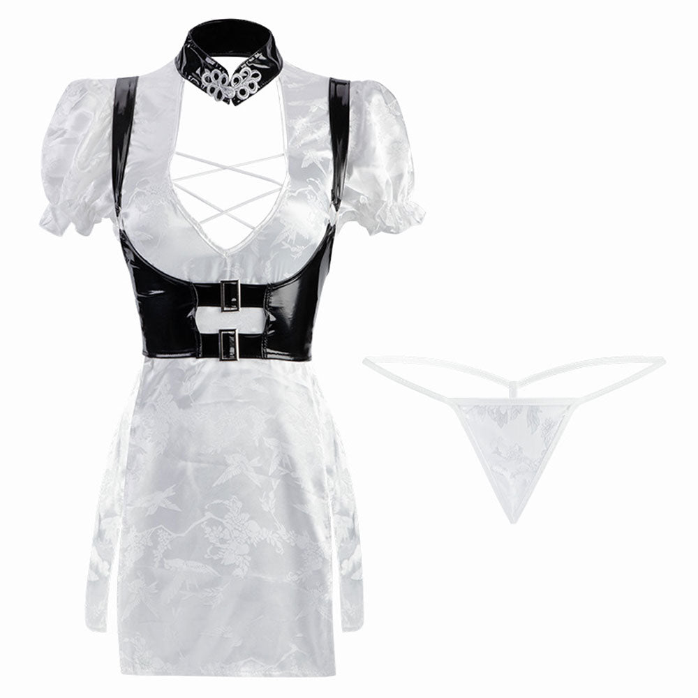 Open Back Cheongsam Split Dress with Latex Waist Corset - Chinese Style Lingerie