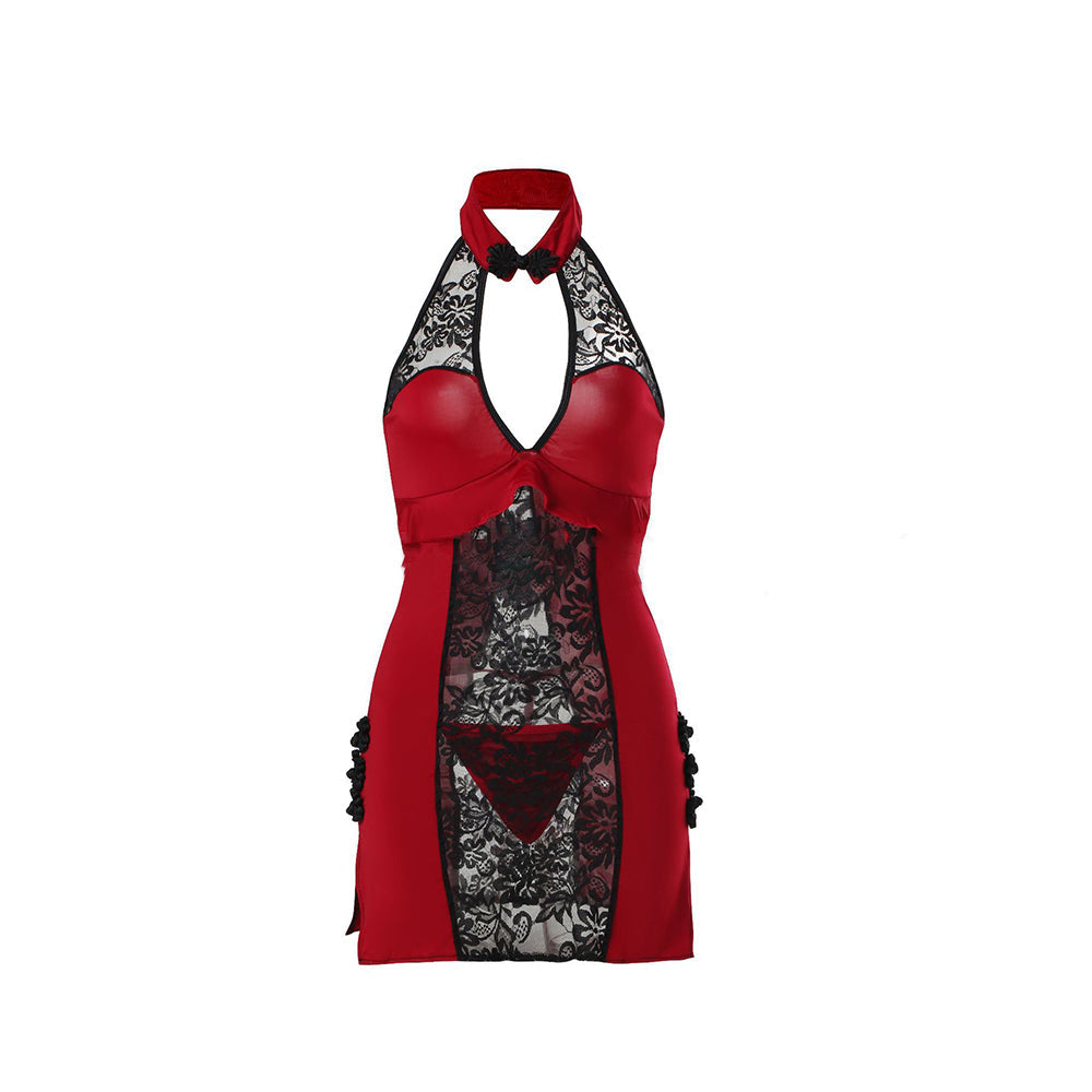 Lace Halter Backless Qipao Lingerie