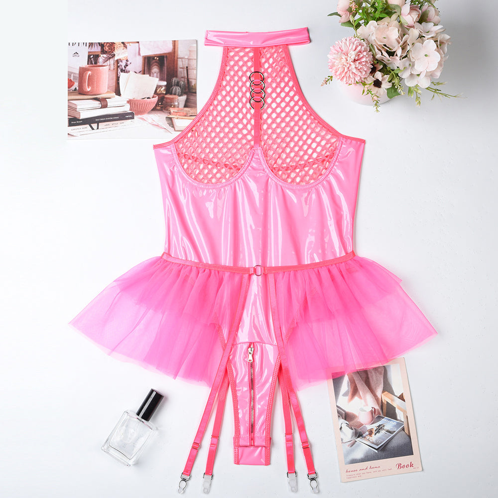 Latex Fishnet Teddy Lingerie Suit