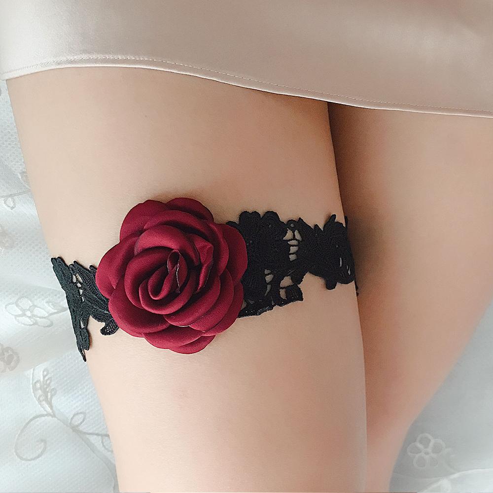 Lace Bridal Garter Set - Rhinestone-Adorned Red Rose Leg Ring