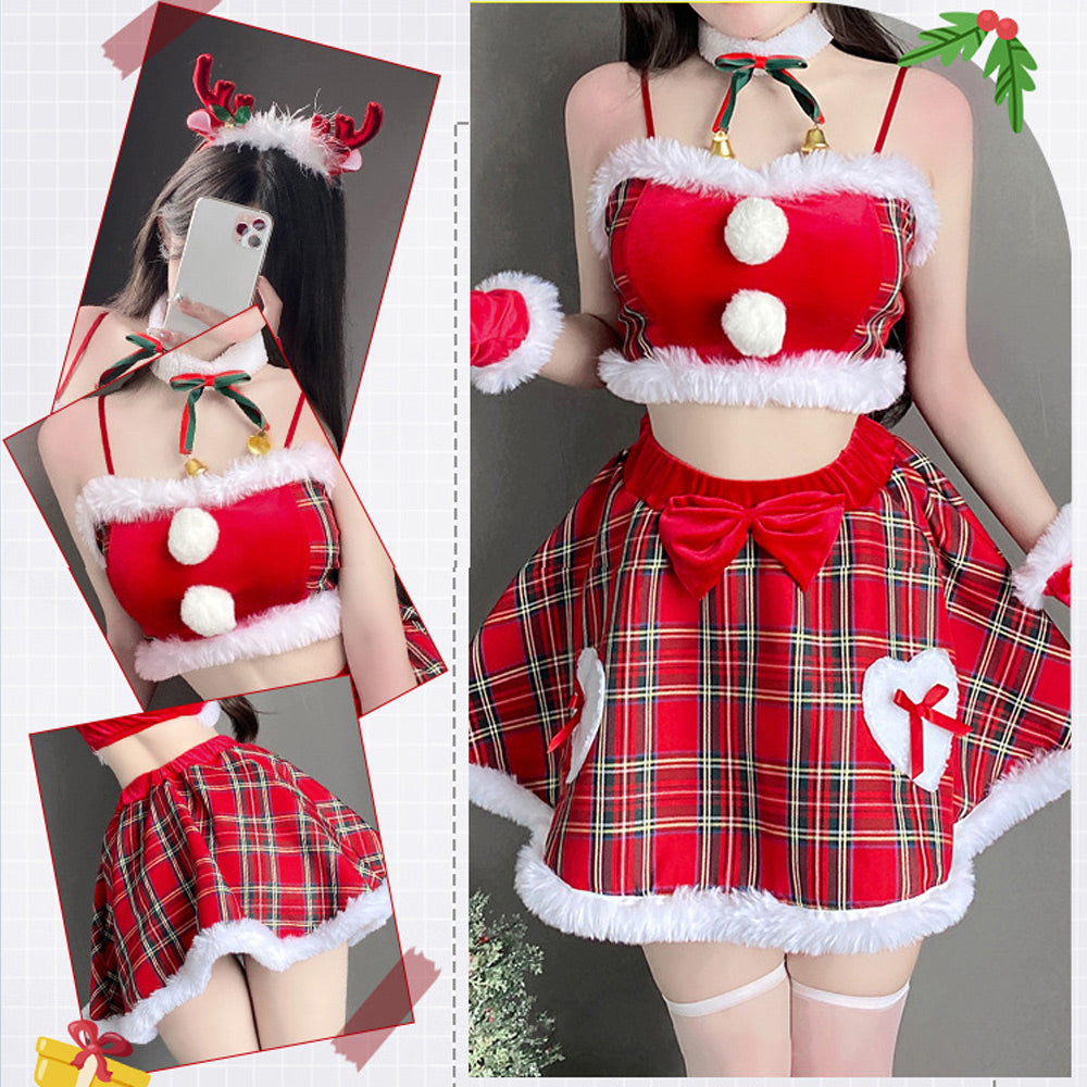 Mischievous Santa Dress Mrs Claus Costume Christmas Plaid Skirt Set