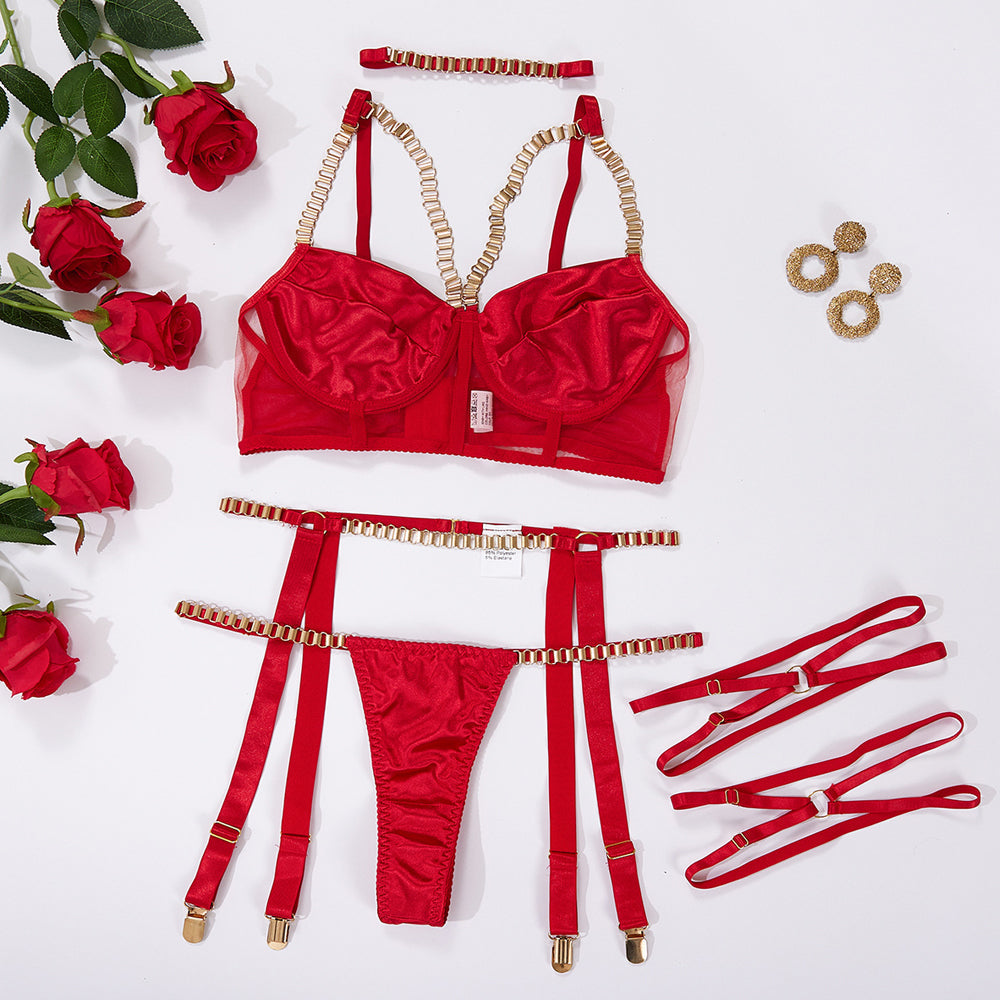 3-Piece Satin Lingerie Set with Garter Belts Amorino 3-Piece Satin Lingerie Set with Garter Belts Amorino
