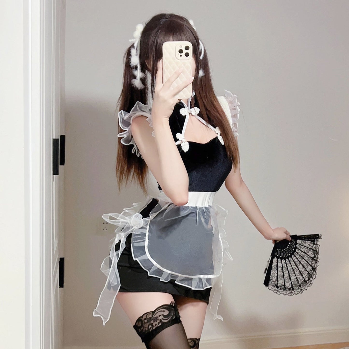 Amorino Chinese Maid Lingerie Set with Mesh Apron - Irresistible and Hollow Out