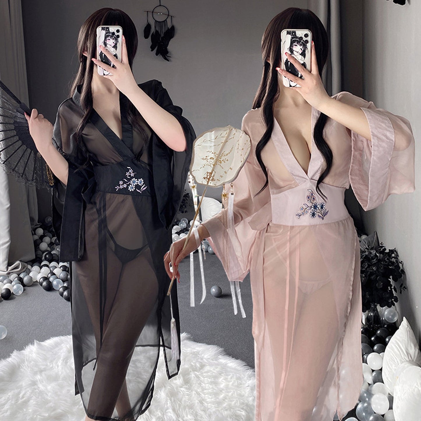 Sheer Mesh Kimono Robe with V-Neck - Anime Lingerie Set