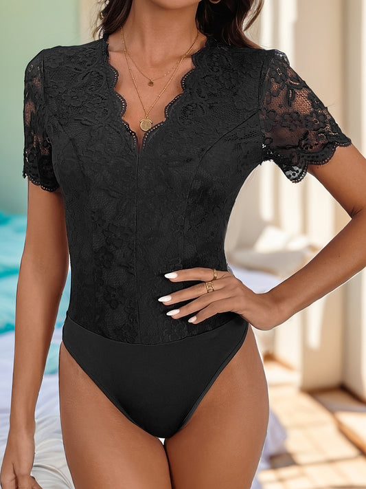 Perfee V-Neck Short Sleeve Lace Bodysuit