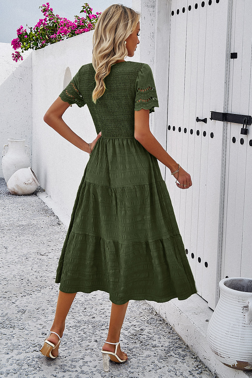 Devine Smocked Round Neck Short Sleeve Midi Dress