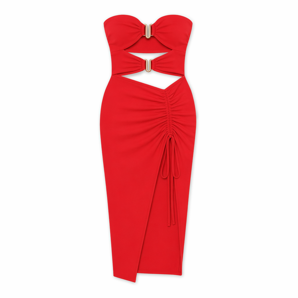 Cutout Strapless Drawstring Detail Split Bandage Dress Red