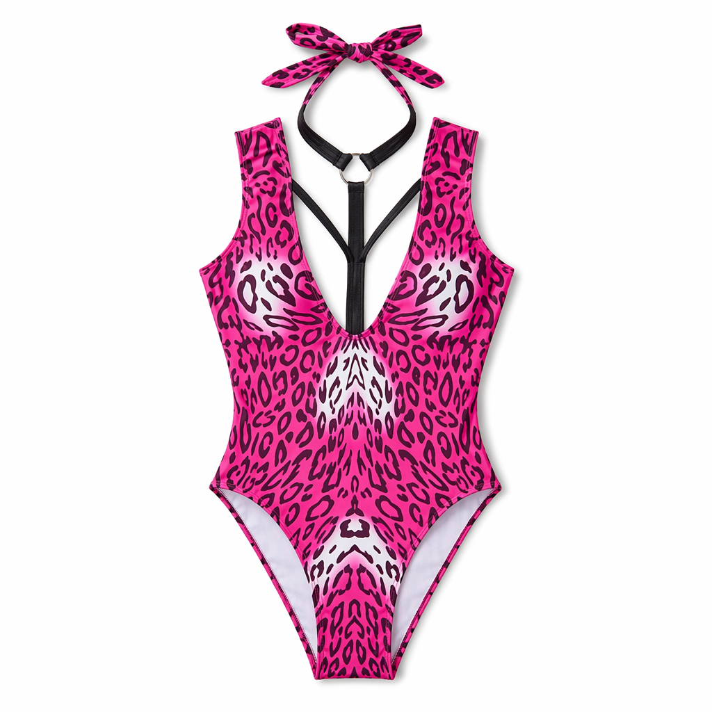 Pink Leopard Print Cosplay Swimsuit Hot Pink
