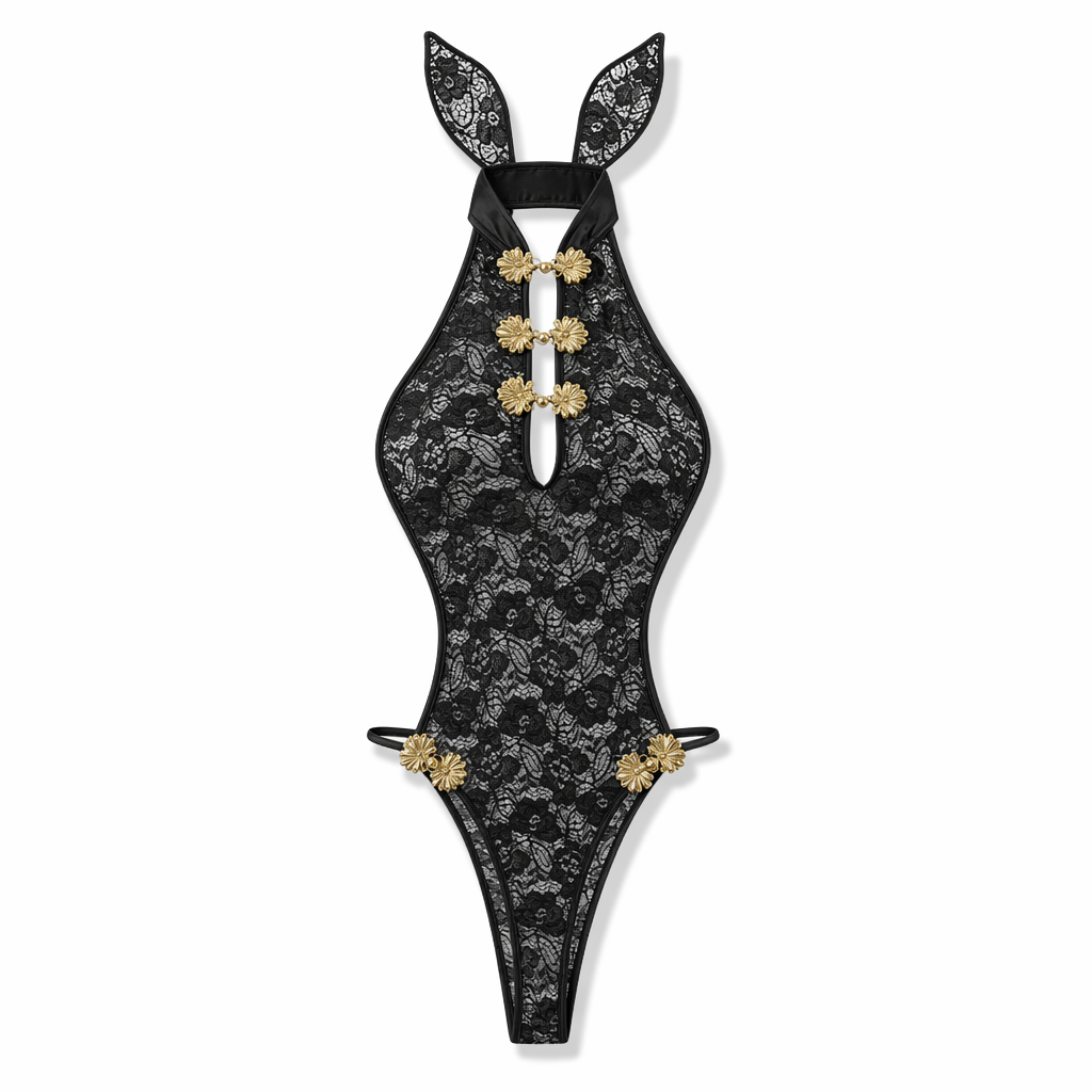 Lace Bunny Girl Cheongsam Bodysuit Black