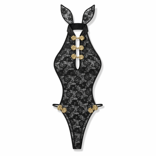 Lace Bunny Girl Cheongsam Bodysuit Black