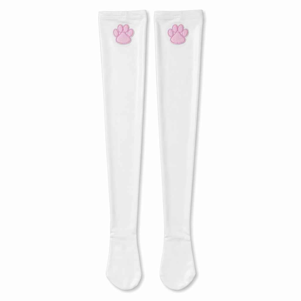 Adorable Faux Leather Cat Paw Thigh High Socks - 2 Color Options White A