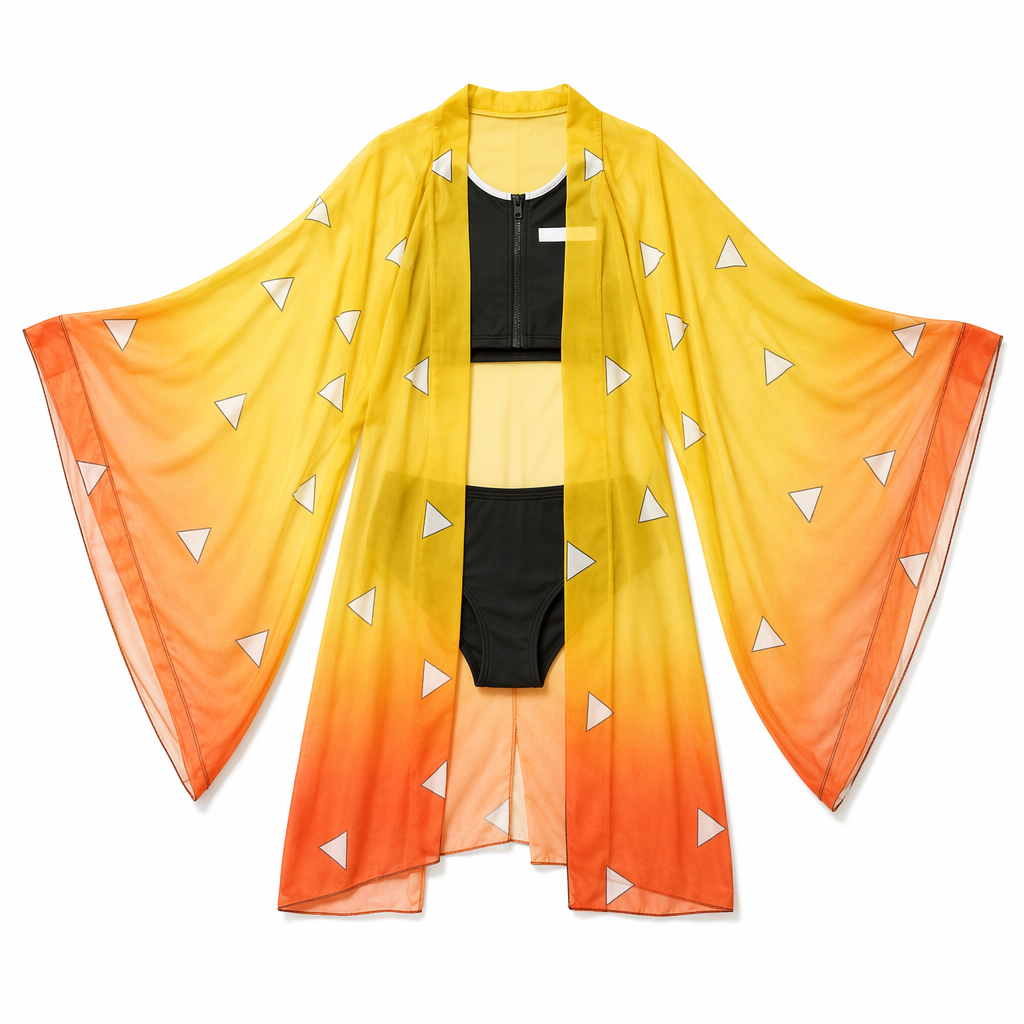 Black Zipper Up Anime Cosplay Swimsuit with Chiffon Kimono Robemax Zenitsu