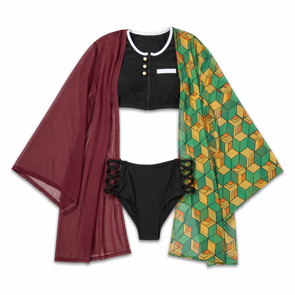 Black Zipper Up Anime Cosplay Swimsuit with Chiffon Kimono Robemax Giyu