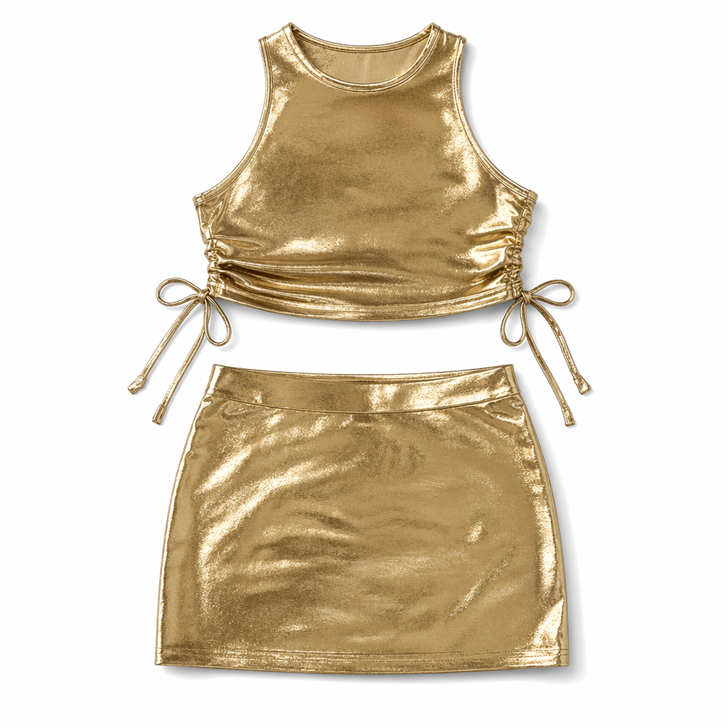Shiny Lace-up Crop Top & Mini Skirt Set Gold