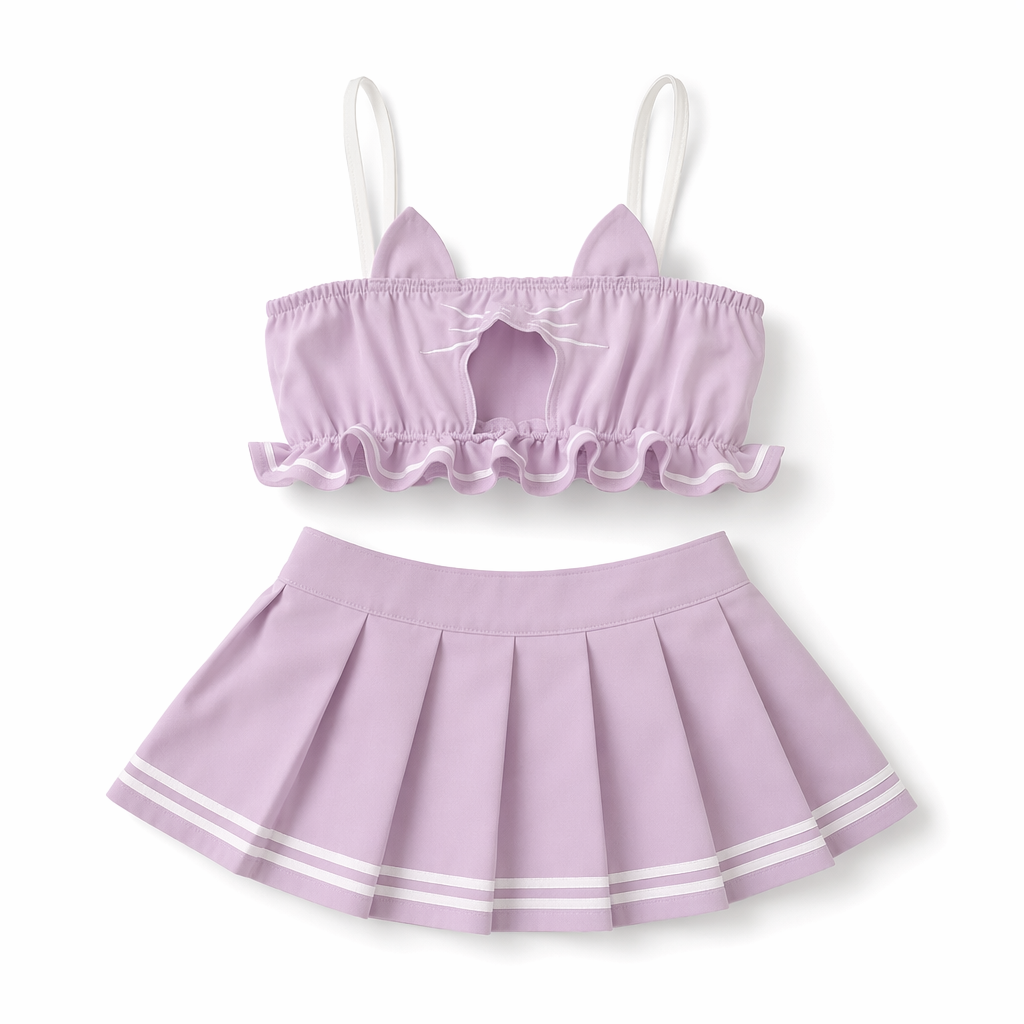 Cute Kitten Costume Set: Keyhole Tube, Pleated Skirt Purple