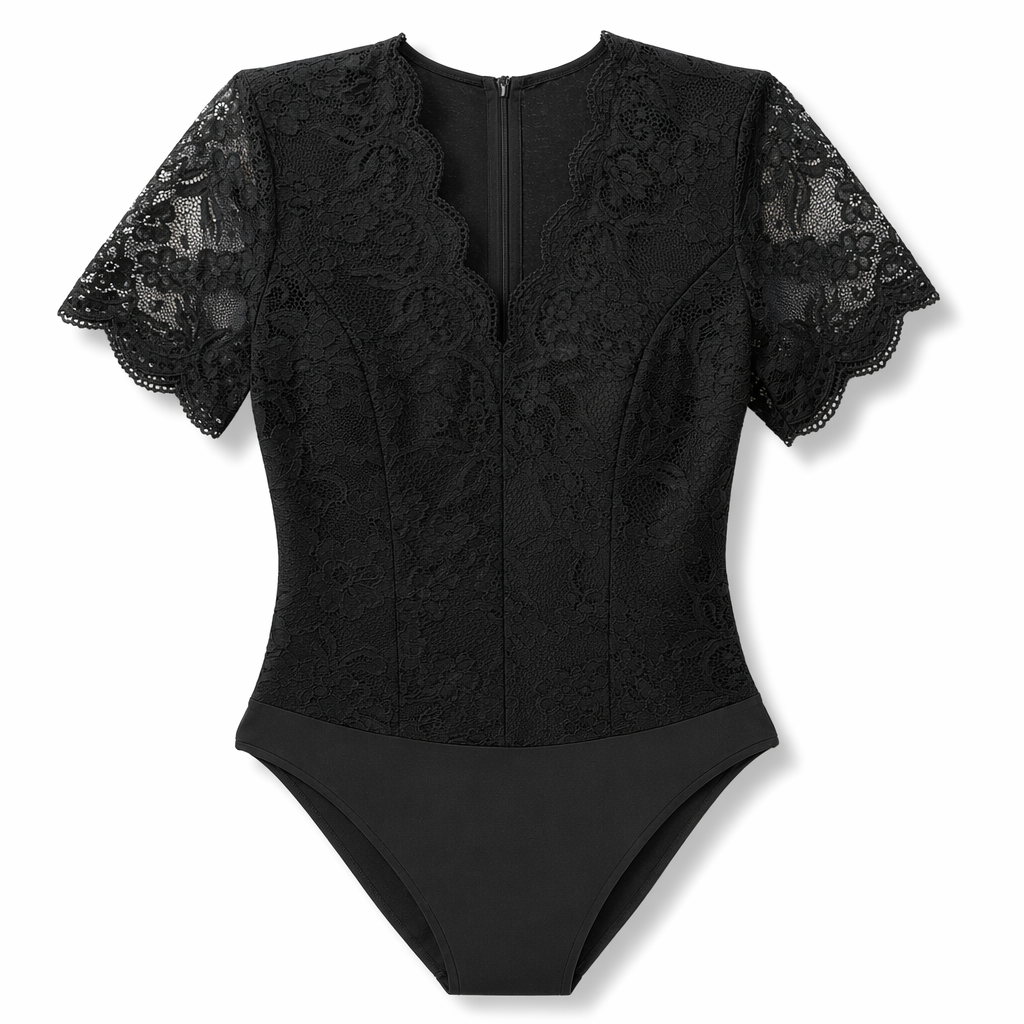Perfee V-Neck Short Sleeve Lace Bodysuit Black