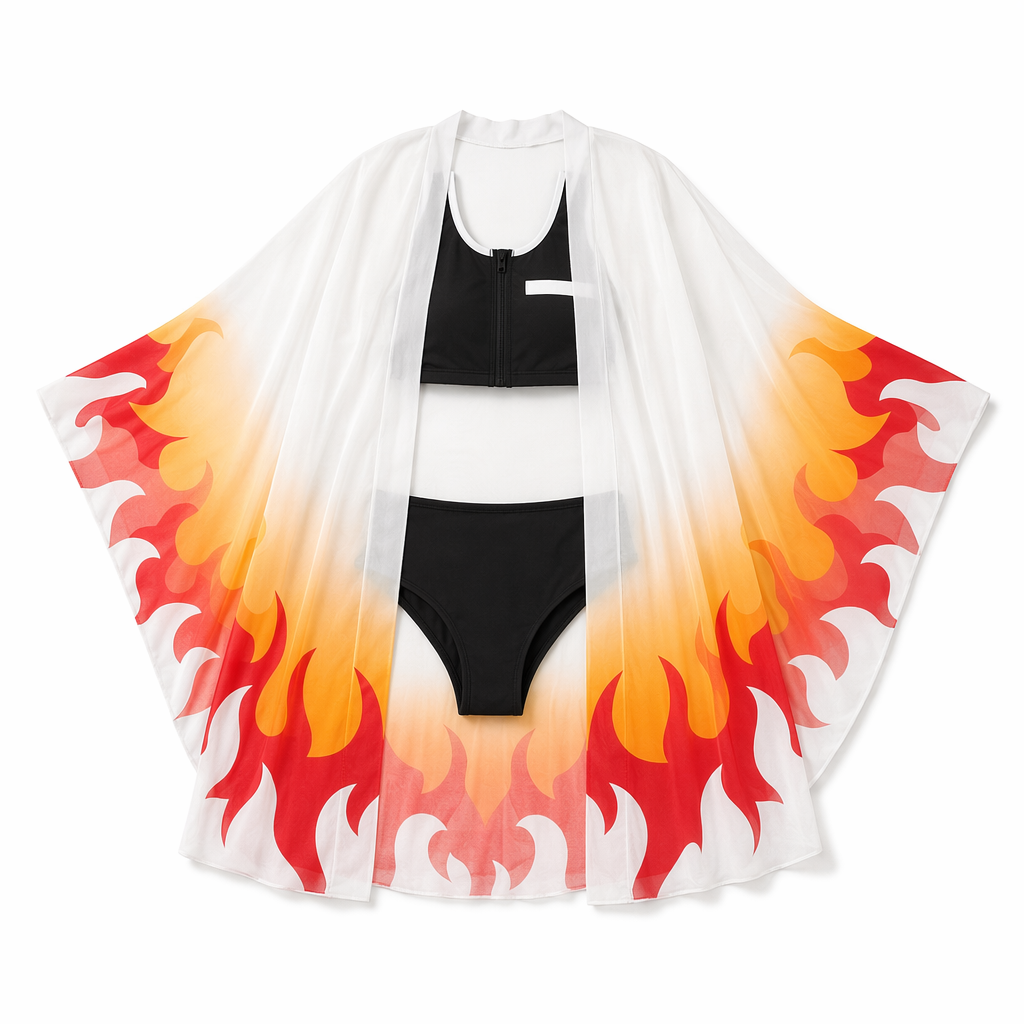 Black Zipper Up Anime Cosplay Swimsuit with Chiffon Kimono Robemax Kyojuro