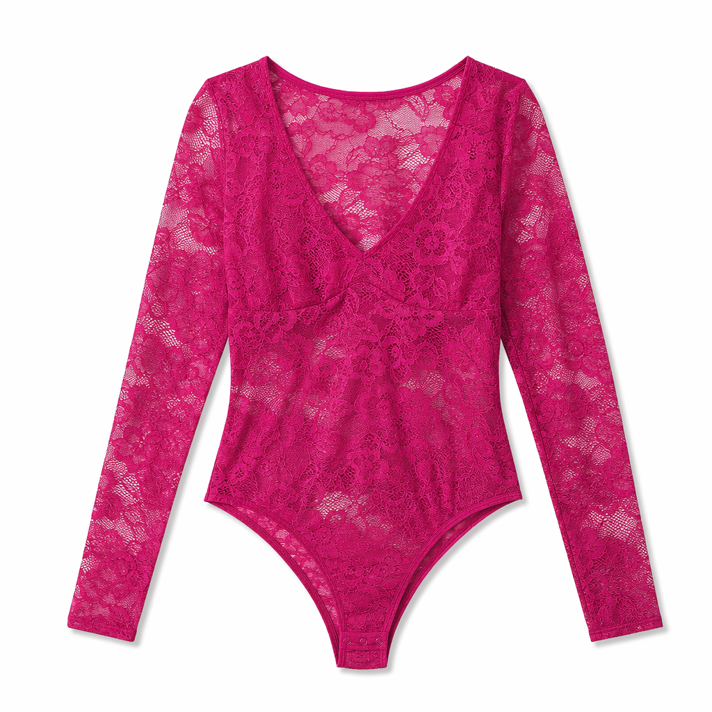 Perfee Lace Long Sleeve Bodysuit Hot Pink