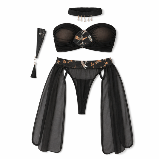 Vintage Chinese Sheer Mesh Bandeau Set Black