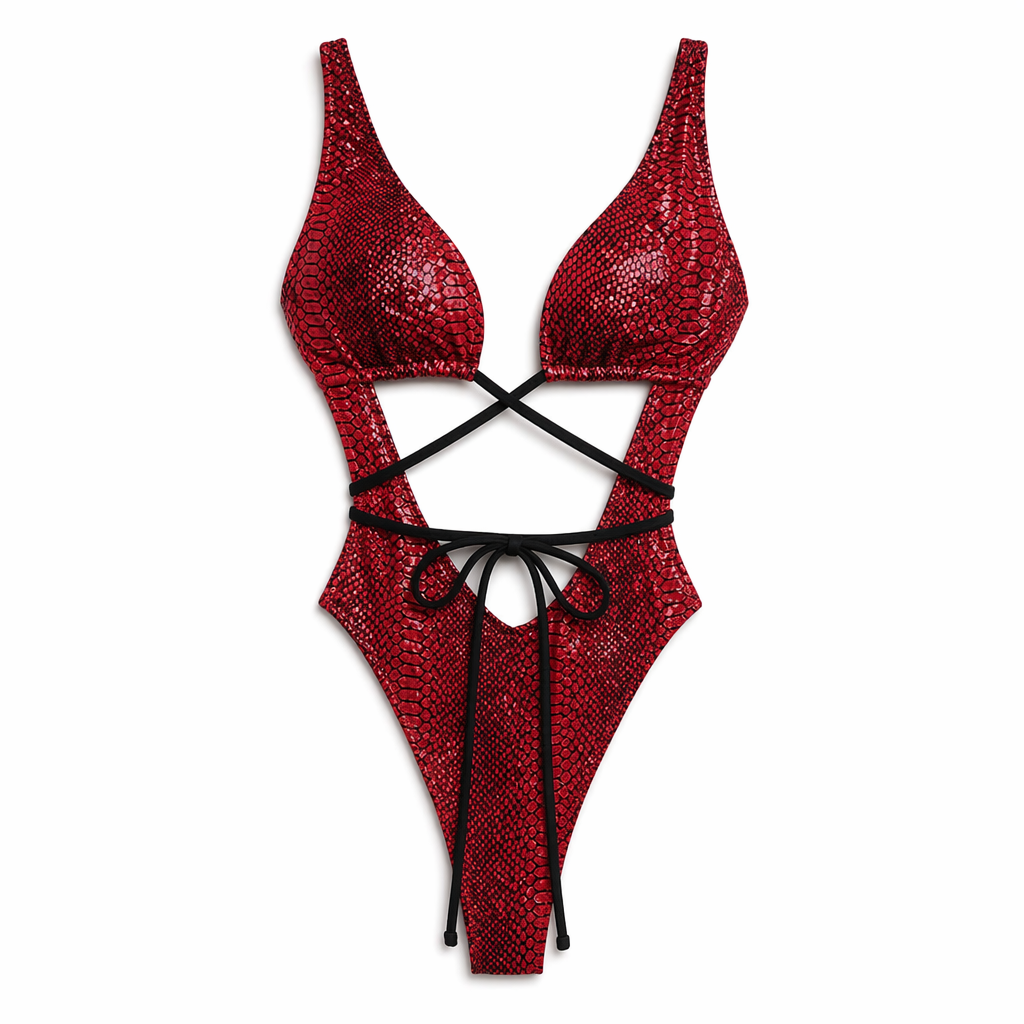 Maximized Snake Print Deep V Neck Monokini Red