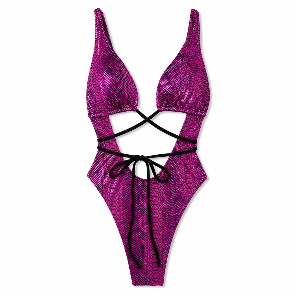 Maximized Snake Print Deep V Neck Monokini Purple