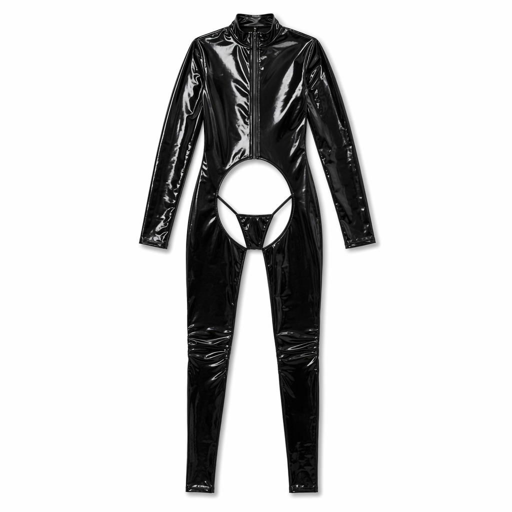 Plus Size PVC One-Piece Catsuit Black