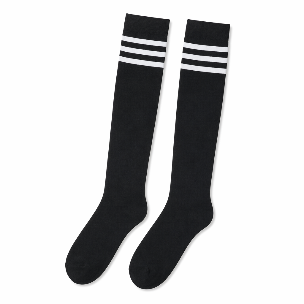 Striped Knee High School Girl Socks Black