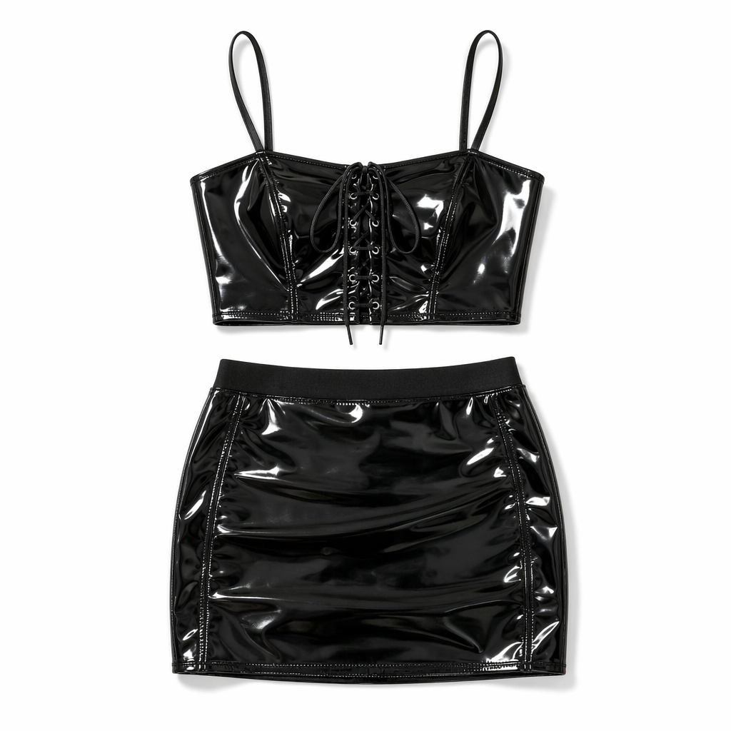 Leather Lace-Up Crop Top & Bodycon Mini Skirt Black