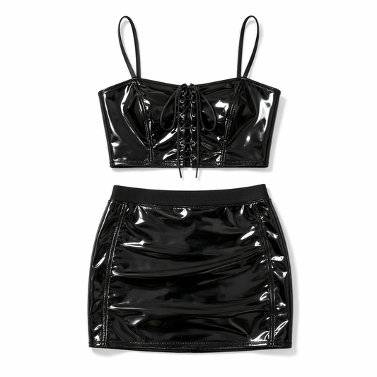 Leather Lace-Up Crop Top & Bodycon Mini Skirt Black