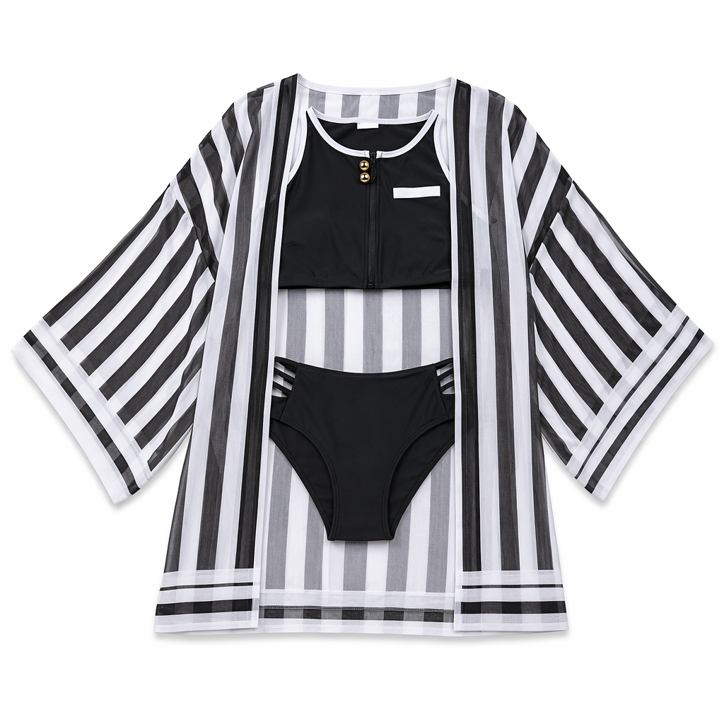Black Zipper Up Anime Cosplay Swimsuit with Chiffon Kimono Robemax Obanai