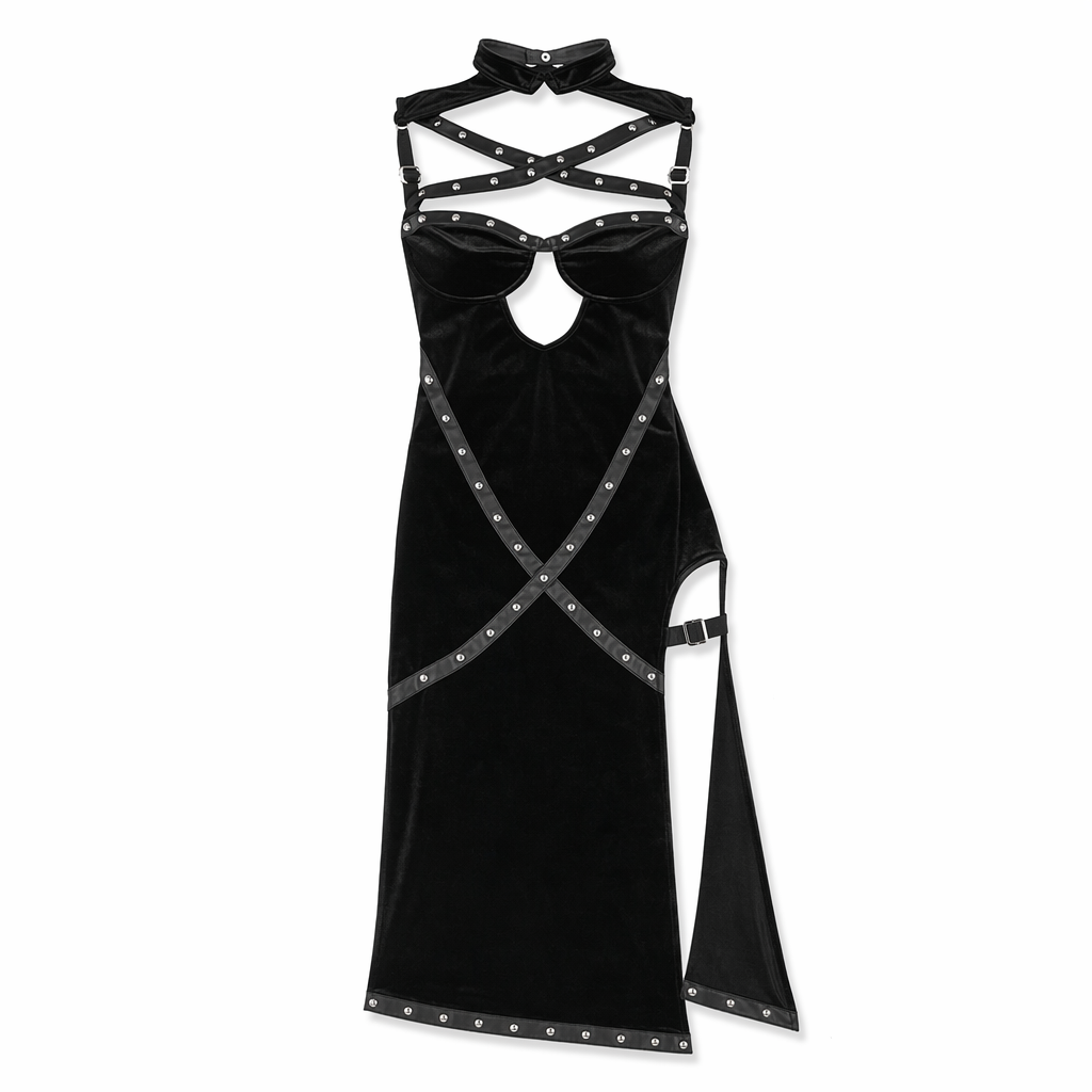 Black Punk Rivet Bondage Cosplay Dress Black