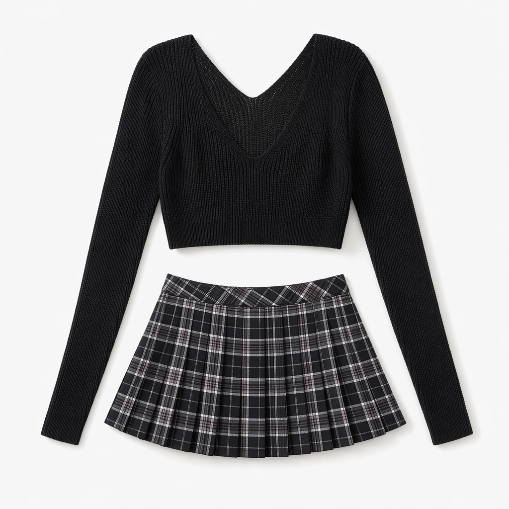 Ribbed Knit Crop Top & Plaid Mini Skirt - Daring Schoolgirl Set Black