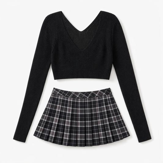 Ribbed Knit Crop Top & Plaid Mini Skirt - Daring Schoolgirl Set Black