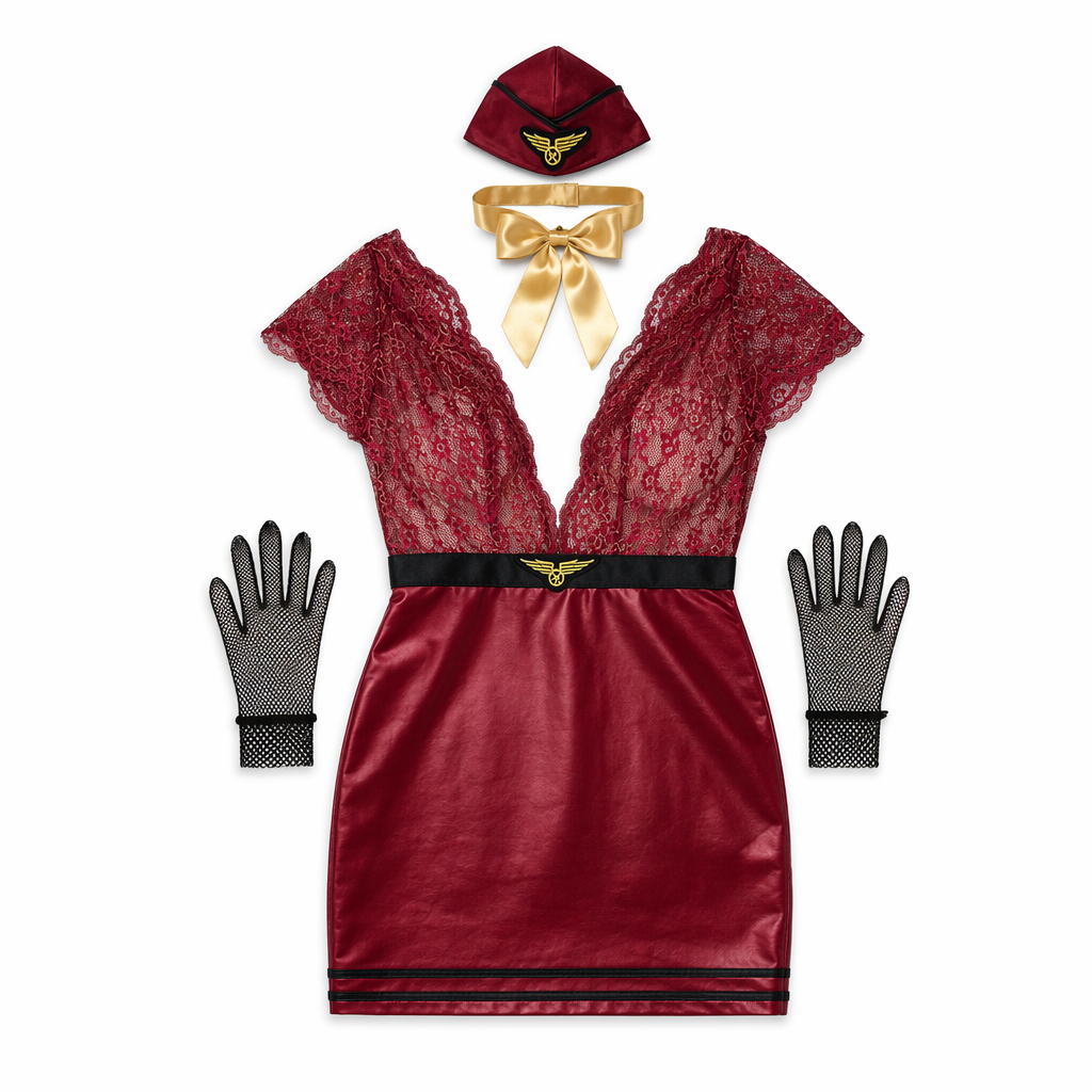 Irresistible Flight Attendant Costume: Lace V-Neck Outfit Burgundy