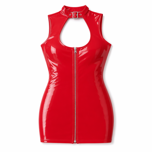 Sleeveless Zip-Front Plus Size Latex Dress: Leather Mini Red