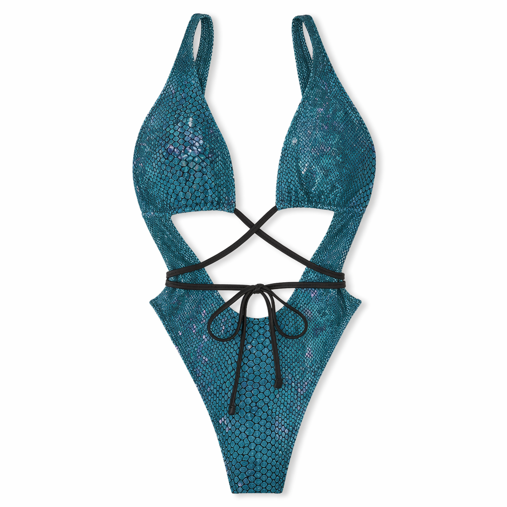Maximized Snake Print Deep V Neck Monokini Cyan Blue