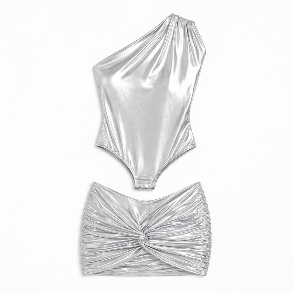 Metallic Skirt Set: One-Shoulder Bodysuit and Twist Mini Skirt Silver