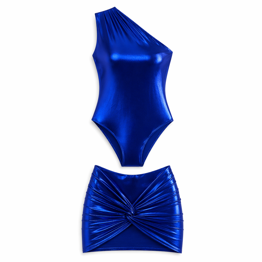 Metallic Skirt Set: One-Shoulder Bodysuit and Twist Mini Skirt Blue