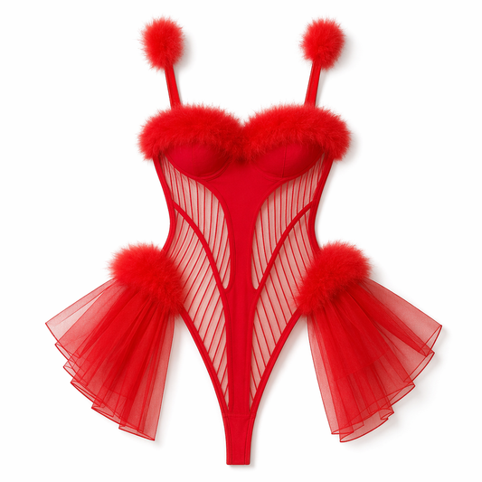 Irresistible Red Mesh Mrs. Claus Bodysuit Red