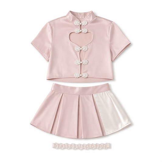 China Retro Cheongsam Set: Satin Top & Pleated Skirt Pink
