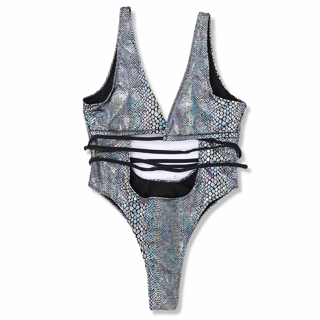 Maximized Snake Print Deep V Neck Monokini Light Silvery