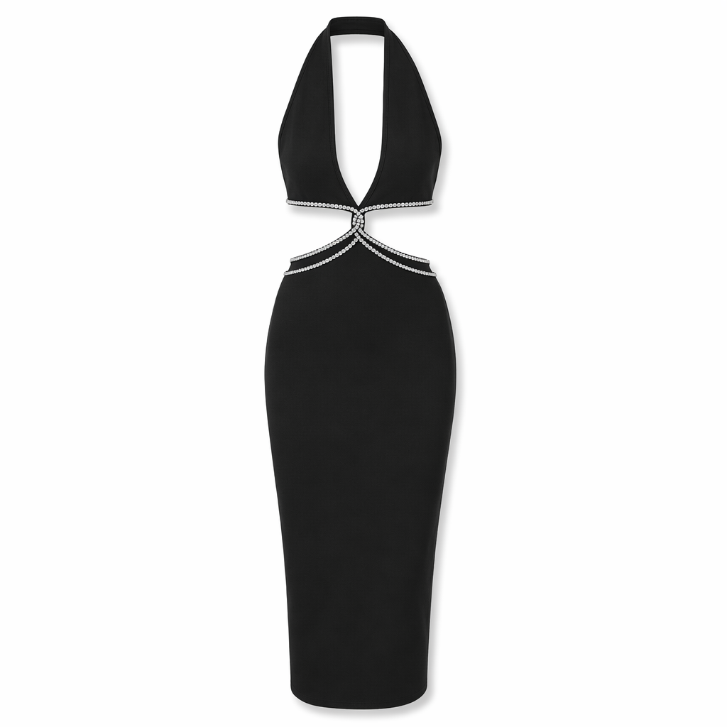Rhinestone Halter Neck Cutout Slit Midi Dress Black