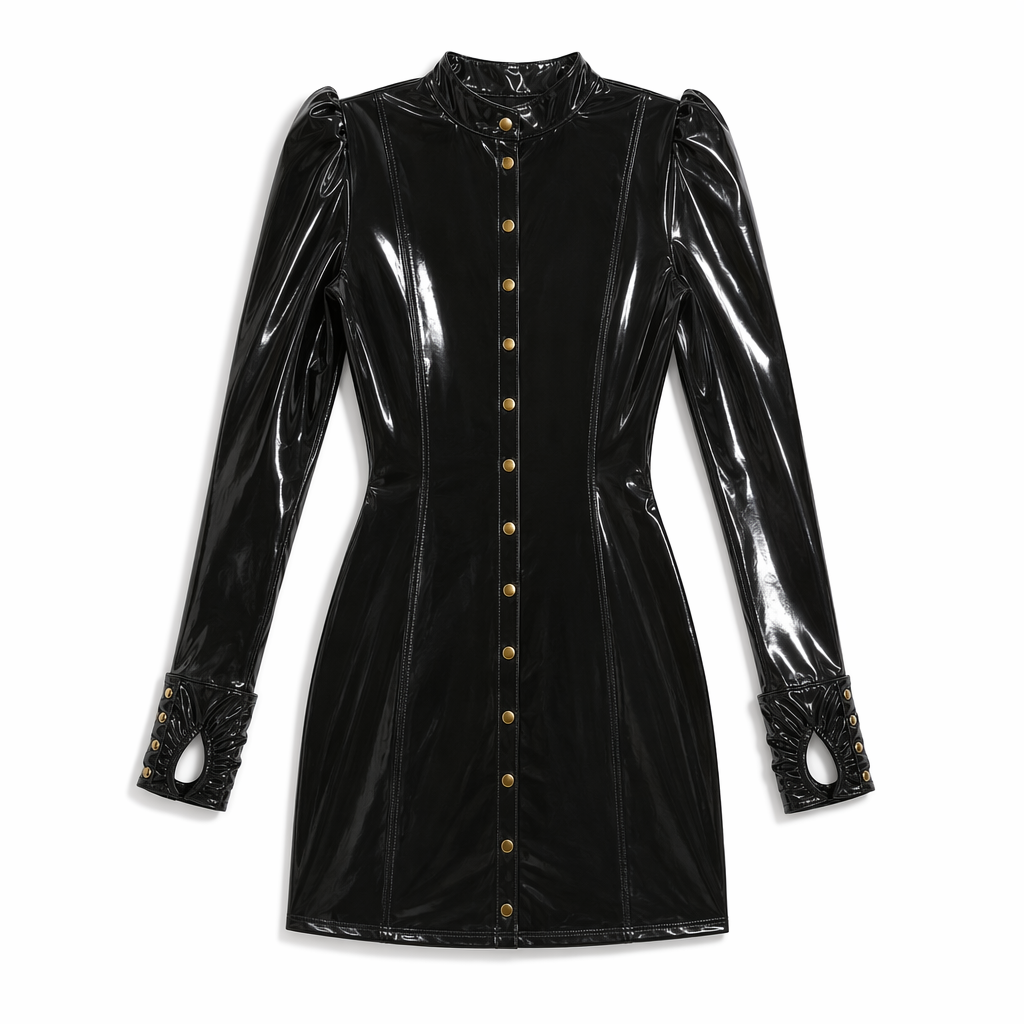 Irresistible Black Latex Mini Dress: PU Leather, Long Sleeve, Bodycon Fit, Wet Look Club Outfit Black