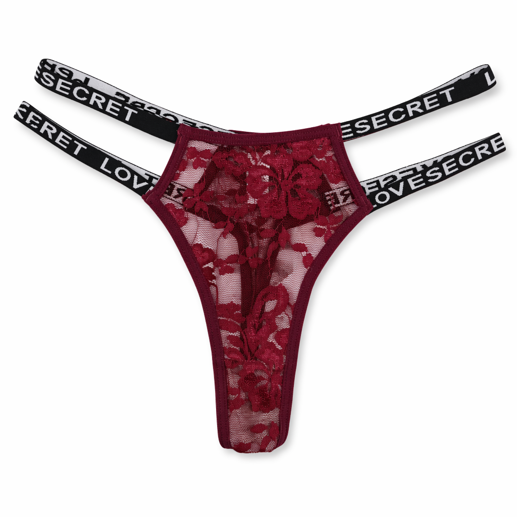 Sheer Mesh Double Strap Lace Panties Burgundy