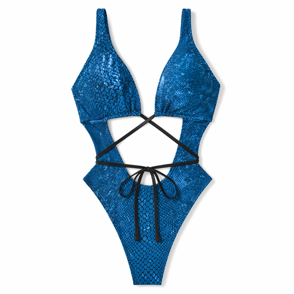Maximized Snake Print Deep V Neck Monokini Royal Blue