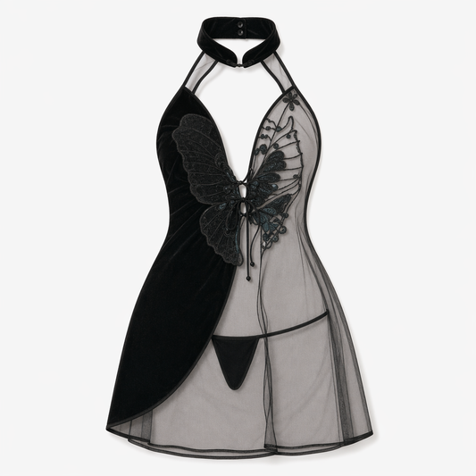 Sheer Mesh Butterfly Embroidery Halter Dress Black
