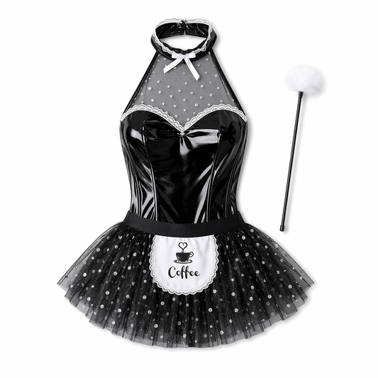 Wet Look French Maid Outfit Black