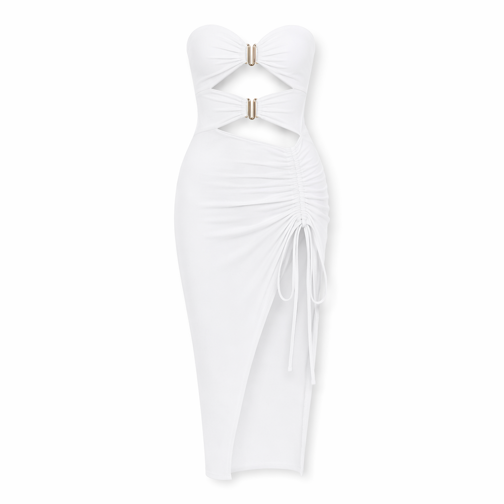 Cutout Strapless Drawstring Detail Split Bandage Dress White