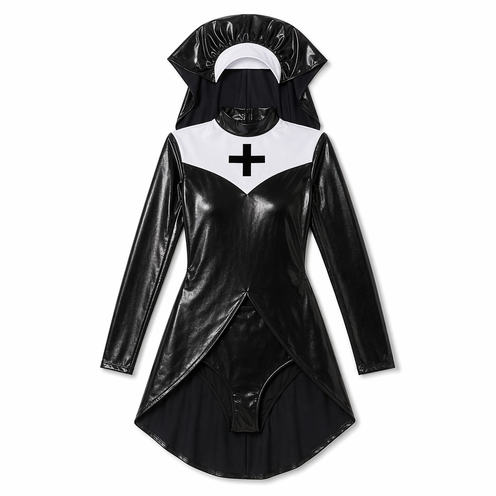 Black Gothic Nun Costume-Latex Black